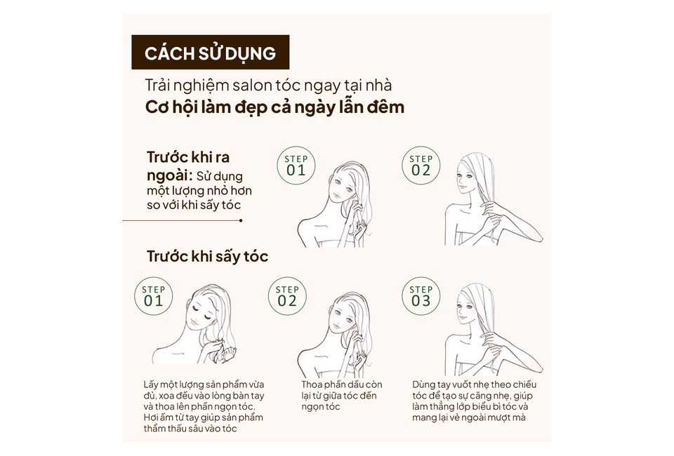 Cách sử dụng Tinh Chất Dưỡng Tóc La CASTA Aromaesthe Hair Emulsion để phục hồi tóc hư tổn, bao gồm bước trước khi ra ngoài và trước khi sấy tóc, hướng dẫn chi tiết từng bước chăm sóc tóc tại nhà.