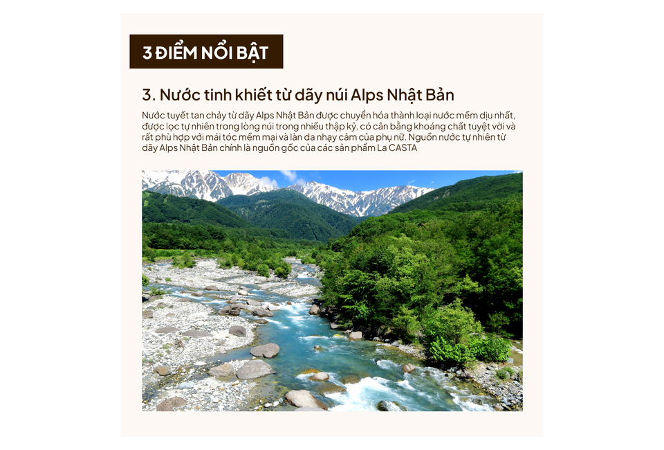 Nước tinh khiết từ dãy núi Alps Nhật Bản trong quảng cáo Tinh Chất Dưỡng Tóc La CASTA Aromaesthe Hair Emulsion Phục Hồi Tóc Hư Tổn 80ml, chỉ ra nguồn gốc tự nhiên và lợi ích cho tóc. Hình ảnh mô tả cảnh quan núi rừng xanh tươi, dòng nước mát chảy qua đá.