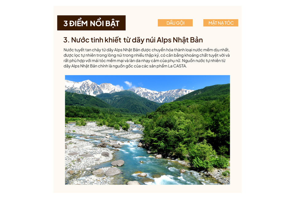 Nước tinh khiết từ dãy núi Alps Nhật Bản, nguồn nguyên liệu tự nhiên cho Dầu Gội La CASTA Aromaesthe Hair Soap 21 Tóc Suôn Mượt - Giảm Xơ Rối 300ml, mang lại sự mềm mại và độ ẩm cho tóc.