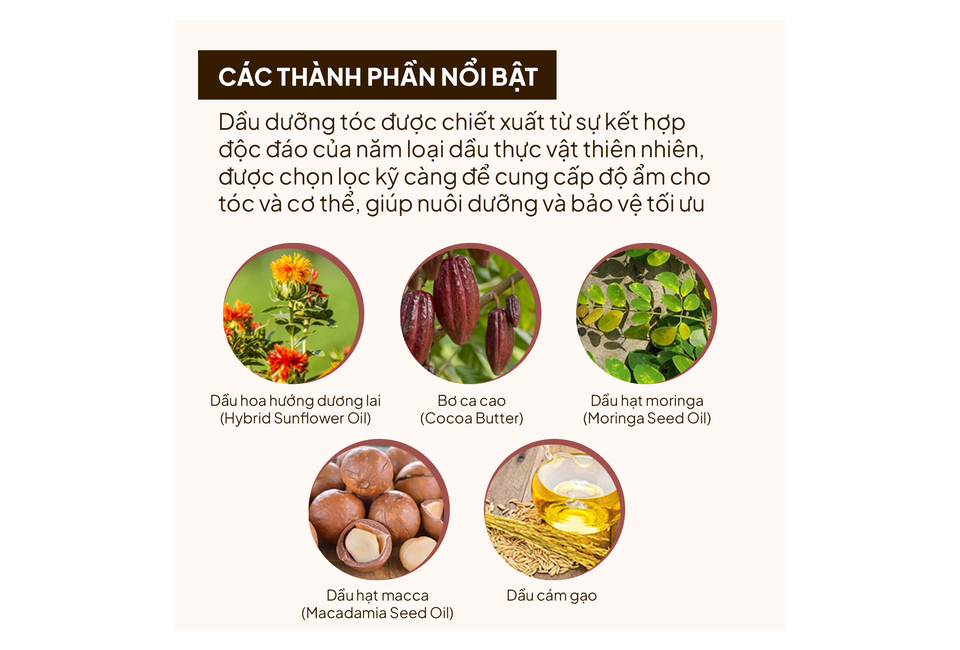 Dầu Dưỡng Tóc La CASTA Aromaesthe Hair Oil Phục Hồi và Mềm Mượt Tóc 80ml, chứa các thành phần nổi bật như dầu hoa hướng dương lai, bơ ca cao, dầu hạt macca, dầu hạt moringa và dầu cám gạo, giúp nuôi dưỡng và bảo vệ tóc tối ưu.