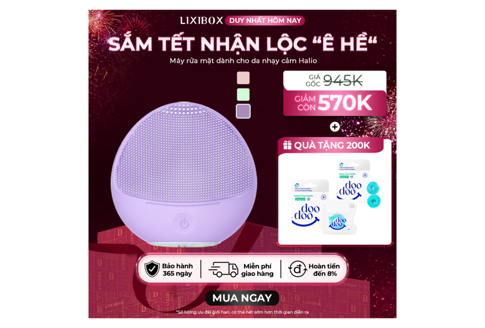 Máy rửa mặt dành cho da nhạy cảm Halio Sensitive Facial Cleansing & Massaging Device màu hồng baby Limited Edition, giảm giá 570K, kèm quà tặng 200K. Sản phẩm giúp làm sạch và massage da hiệu quả, hoàn tiền đến 8%.