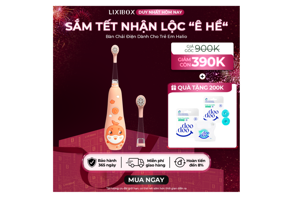 Bàn Chải Điện Dành Cho Trẻ Em Halio Smartsonic có thiết kế dễ thương, màu sắc bắt mắt, đi kèm quà tặng là sản phẩm doo doo. Giá gốc 900K, giảm còn 390K, bảo hành 365 ngày, miễn phí giao hàng.