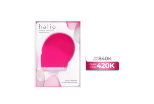 Halio Facial Cleansing & Massaging Device in hot pink limited edition, showcasing advanced facial care technology. Packaged prominently with a discounted price tag.