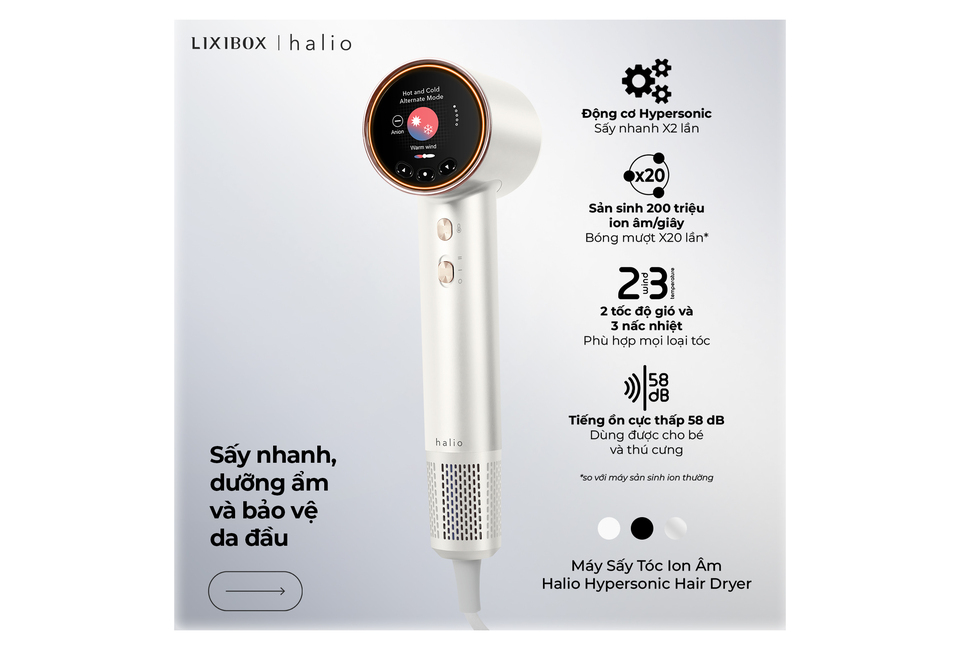 Máy Sấy Tóc Ion Âm Halio Hypersonic Hair Dryer Pearl White với chế độ sấy nhanh X2, công suất 200 triệu ion/giây, 2 tốc độ gió và 3 mức nhiệt. Thiết kế tinh tế giúp bảo vệ da đầu và làm khô tóc nhanh chóng.