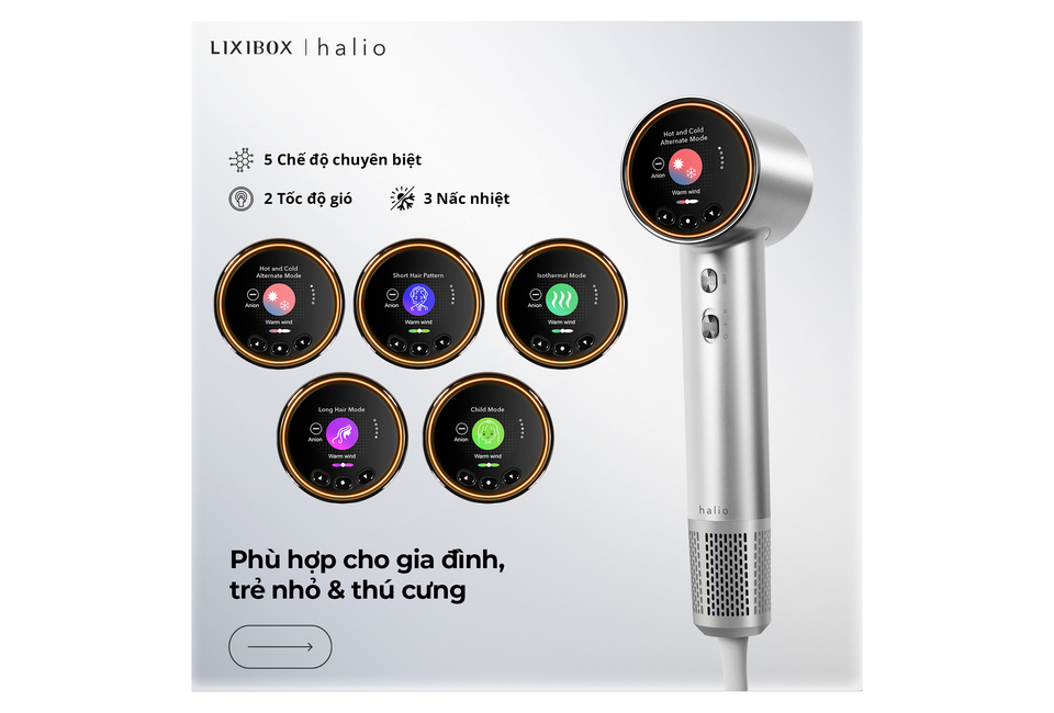 Máy Sấy Tóc Ion Âm Halio Hypersonic Hair Dryer Silver Frost với 5 chế độ khác nhau, 2 tốc độ gió và 3 nấc nhiệt. Phù hợp cho gia đình, trẻ nhỏ và thú cưng.