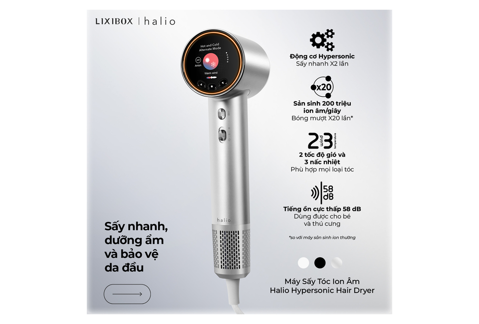 Máy Sấy Tóc Ion Âm Halio Hypersonic Hair Dryer Silver Frost với công nghệ Hypersonic, tạo ra 200 triệu ion âm/giây, tích hợp chế độ gió nóng và lạnh, và độ ồn chỉ 58 dB, thích hợp cho mọi loại tóc.