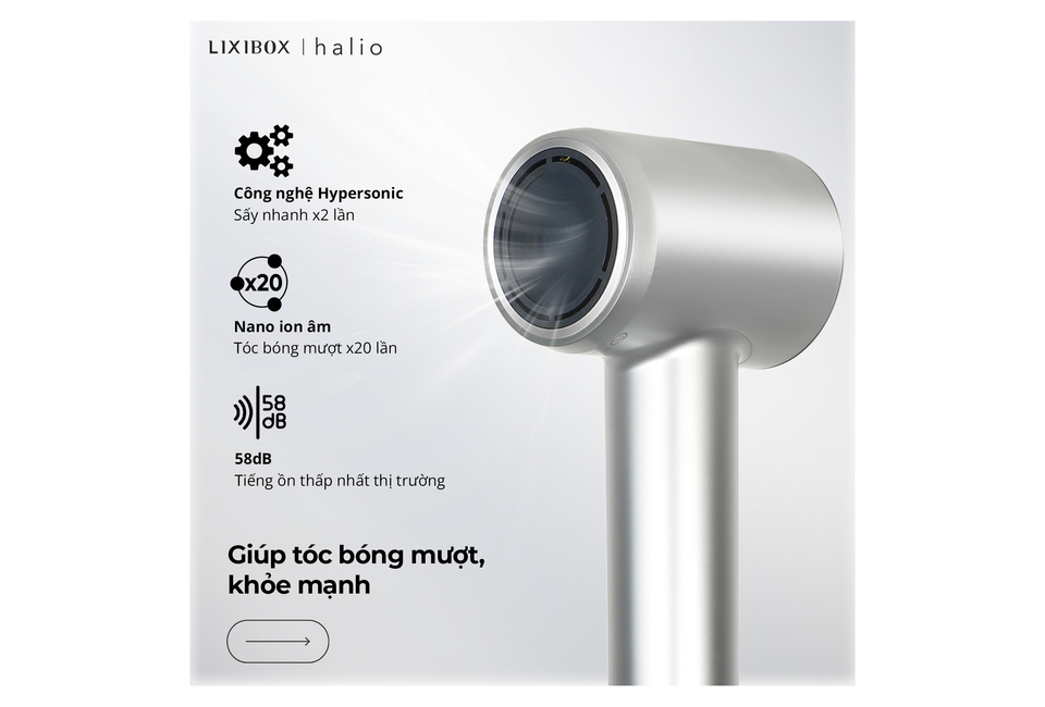 Máy Sấy Tóc Ion Âm Halio Hypersonic Hair Dryer Silver Frost với công nghệ Hypersonic, nano ion âm và độ ồn 58dB, mang lại trải nghiệm sấy tóc nhanh chóng, dễ chịu, giúp tóc bồng bềnh và khỏe mạnh hơn.