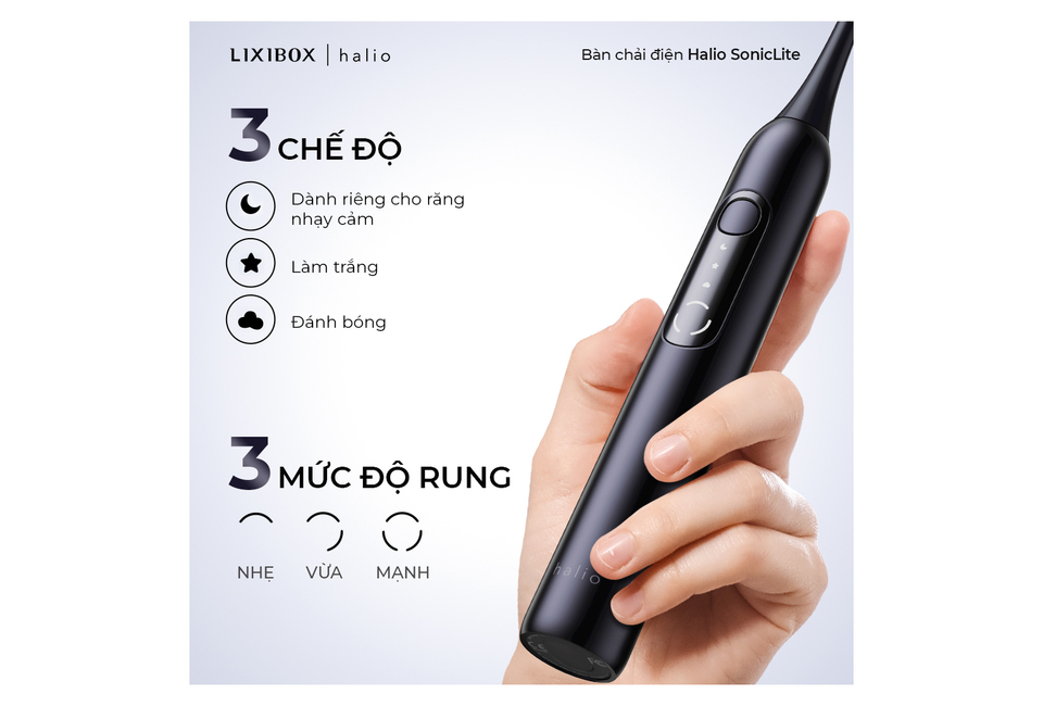 Bàn chải điện Halio SonicLite màu Ocean Blue với 3 chế độ đánh răng: cho răng nhạy cảm, làm trắng và đánh bóng. Sản phẩm có 3 mức độ rung: nhẹ, vừa, mạnh để sử dụng dễ dàng.