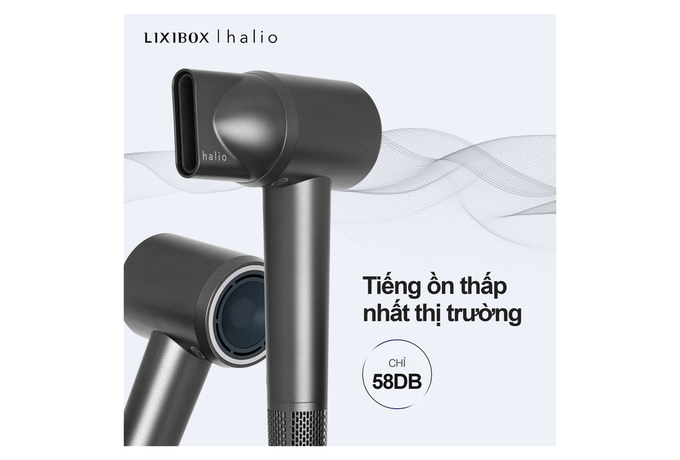 Máy Sấy Tóc Ion Âm Halio Hypersonic Hair Dryer màu Space Grey với công nghệ giảm ồn, chỉ 58DB, giúp mang lại trải nghiệm yên tĩnh và thoải mái khi sấy tóc.