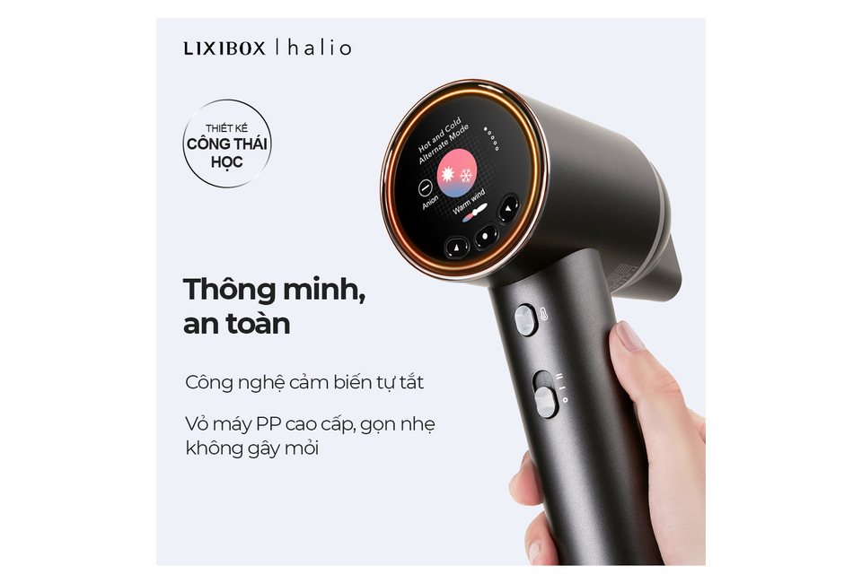 Máy Sấy Tóc Ion Âm Halio Hypersonic Hair Dryer Space Grey với thiết kế thông minh, an toàn, công nghệ cảm biến tự tắt, vỏ máy PP cao cấp, gọn nhẹ không gây mỏi, đáp ứng nhu cầu sấy tóc hiệu quả và an toàn.