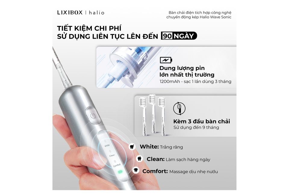 Bàn chải điện tích hợp công nghệ chuyển động kép Halio Wave Sonic Electric Toothbrush - Smoky Sky với thiết kế hiện đại, dung lượng pin 1200mAh cho thời gian sử dụng đến 90 ngày, kèm 3 đầu bàn chải cao cấp, phù hợp cho việc chăm sóc răng miệng hiệu quả.