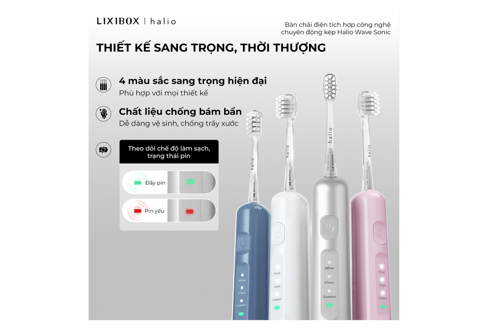 Bàn chải điện tích hợp công nghệ chuyển động kép Halio Wave Sonic Electric Toothbrush - Smoky Sky với 4 màu sắc hiện đại, thiết kế sang trọng, và chất liệu chống bám bẩn, dễ dàng vệ sinh. Hiển thị trạng thái pin và chế độ làm sạch.