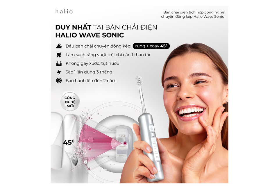 Bàn chải điện tích hợp công nghệ chuyển động kép Halio Wave Sonic - Silver Frost với đầu bàn chải rung và xoay 45°, giúp làm sạch răng hiệu quả chỉ trong 1 thao tác. Sạc 1 lần dùng đến 3 tháng, bảo hành lên đến 2 năm.