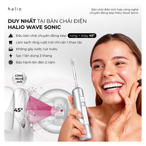 Bàn chải điện tích hợp công nghệ chuyển động kép Halio Wave Sonic Electric Toothbrush - Silver Frost
