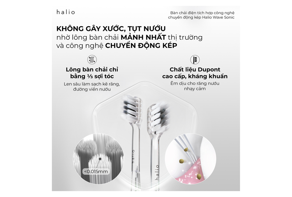 Bàn chải điện tích hợp công nghệ chuyển động kép Halio Wave Sonic Electric Toothbrush - Pink Whisper với đầu bàn chải mảnh nhắm đến làm sạch và bảo vệ nướu. Chất liệu Dupont cao cấp, chống khuẩn, phù hợp cho răng nhạy cảm.