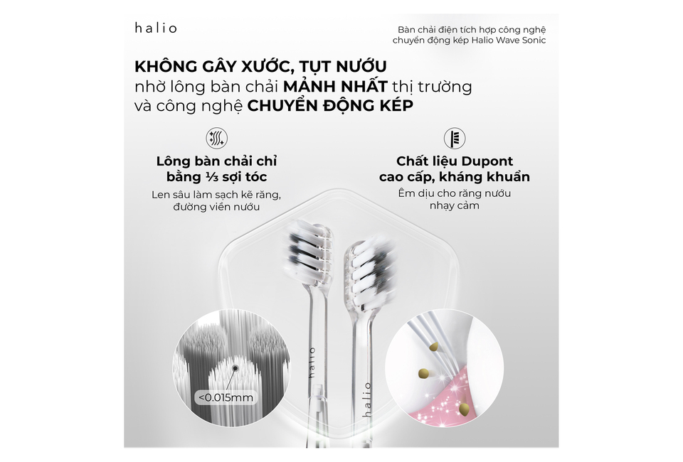 Bàn chải điện tích hợp công nghệ chuyển động kép Halio Wave Sonic Electric Toothbrush - Cloud White mang lại trải nghiệm làm sạch vượt trội cho răng và nướu với lông bàn chải mềm mại và chất liệu cao cấp.