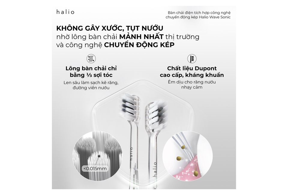 Bàn chải điện tích hợp công nghệ chuyển động kép Halio Wave Sonic Toothbrush - Smoky Sky, thiết kế lông bàn chải mịn, giúp điều trị nhẹ nhàng cho răng nhạy cảm. Chất liệu Dupont cao cấp, kháng khuẩn, tiện lợi cho việc vệ sinh miệng.