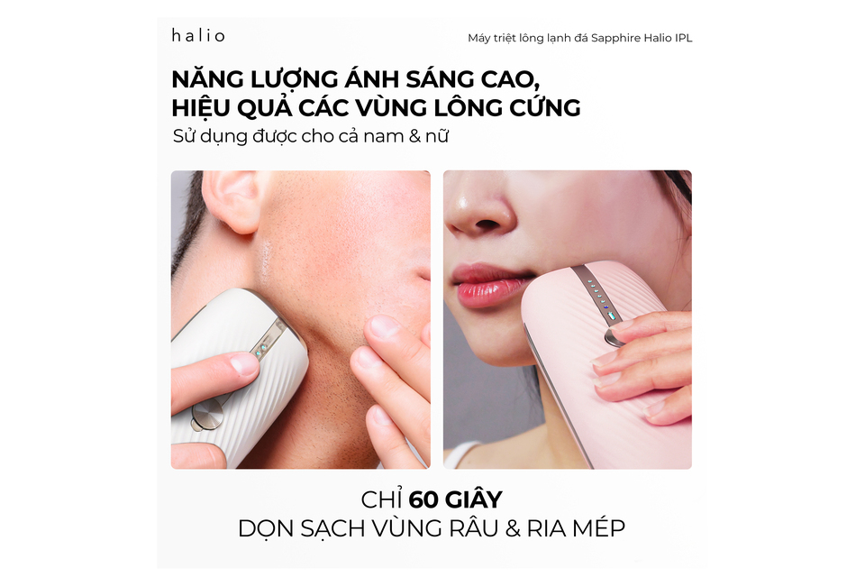 Máy Triệt Lông Lạnh Sapphire Halio InfinityGlow Advanced IPL Sapphire Cooling Hair Removal Device Kèm Set Gift - Soft Pink, hiệu quả cho cả nam và nữ, dọn sạch vùng râu và ria mép chỉ trong 60 giây, cho kết quả cao với năng lượng ánh sáng mạnh.