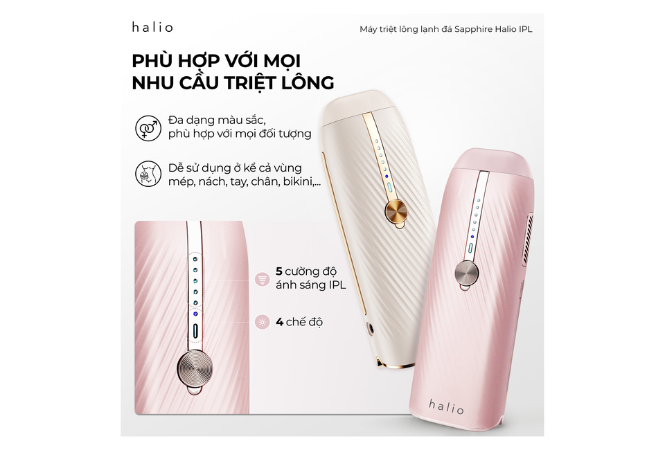 Máy Triệt Lông Lạnh Sapphire Halio InfinityGlow Advanced IPL Sapphire Cooling Hair Removal Device Kèm Set Gift - Soft Pink, dễ sử dụng với 5 cường độ ánh sáng IPL và 4 chế độ, phù hợp với mọi nhu cầu triệt lông tại nhà. Ít đau và an toàn cho da.