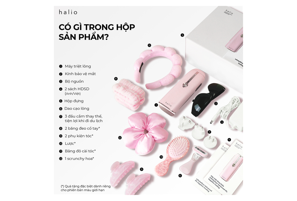 Máy Triệt Lông Lạnh Sapphire Halio InfinityGlow Advanced IPL Sapphire Cooling Hair Removal Device Kèm Set Gift - Soft Pink gồm các sản phẩm như kính bảo vệ mắt, bộ nguồn, sách hướng dẫn, và nhiều phụ kiện khác.