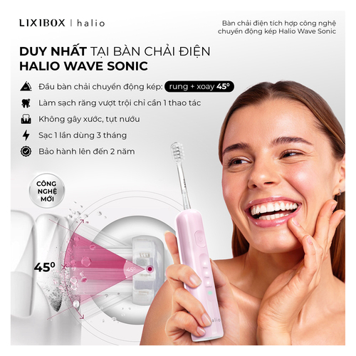 Bàn chải điện tích hợp công nghệ chuyển động kép Halio Wave Sonic Electric Toothbrush - Pink Whisper