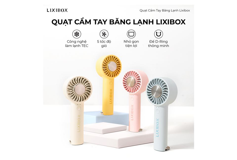 Quạt Cầm Tay Băng Lạnh Lixibox màu xanh, vàng, hồng và trắng. Sản phẩm có công nghệ làm lạnh TEC, 5 tốc độ gió và thiết kế nhỏ gọn, tiện lợi với D-Ring thông minh.