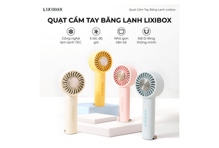 Quạt Cầm Tay Băng Lạnh Lixibox màu xanh, vàng, hồng và trắng. Sản phẩm có công nghệ làm lạnh TEC, 5 tốc độ gió và thiết kế nhỏ gọn, tiện lợi với D-Ring thông minh.