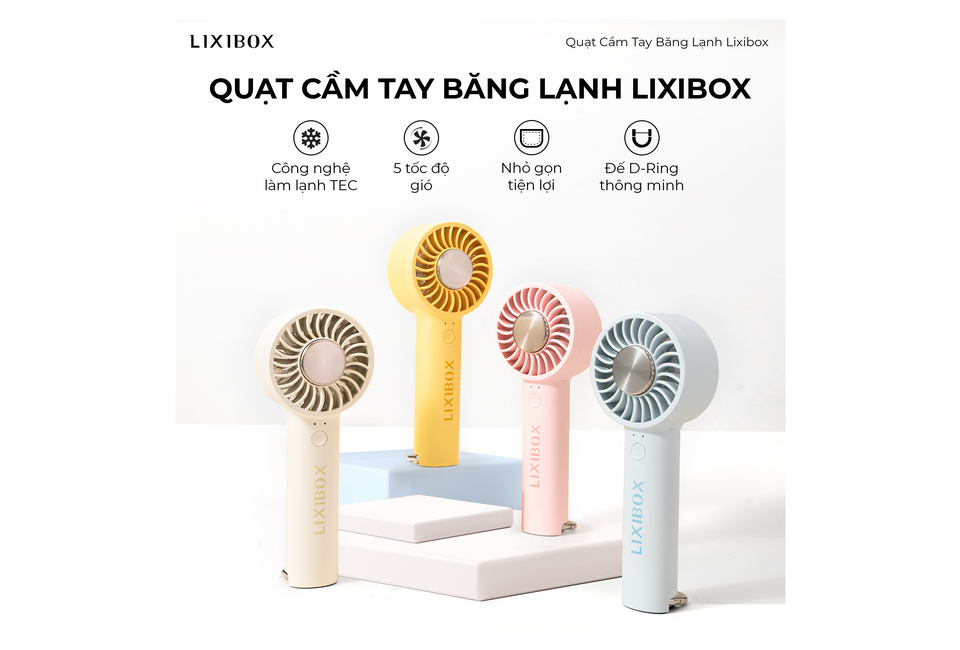 Quạt Cầm Tay Băng Lạnh Lixibox màu vàng, thiết kế nhỏ gọn, tính năng làm lạnh TEC, 5 tốc độ gió tiện lợi, phù hợp để mang theo trong mùa hè.