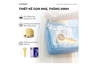 Quạt Cầm Tay Băng Lạnh Lixibox màu xanh, thiết kế nhỏ gọn với pin 2000mAh dùng từ 5-6 giờ. D-Ring treo tiện lợi, thích hợp để mang theo trong túi xách.