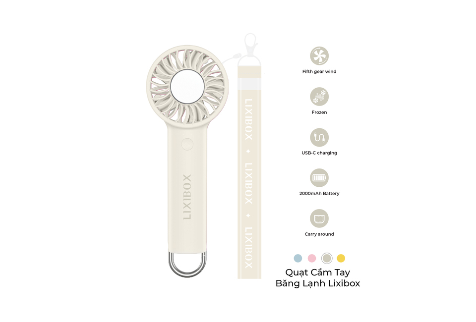 Quạt Cầm Tay Băng Lạnh Lixibox - Màu Beige với thiết kế nhỏ gọn, sạc USB-C, pin 2000mAh và 5 tốc độ gió, lý tưởng để mang theo trong những ngày hè nóng bức.