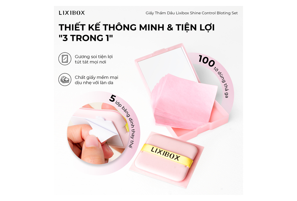 Giấy thấm dầu Lixibox Shine Control Blotting Set với thiết kế thông minh, bao gồm gương soi tiện lợi và 100 tờ giấy thấm, giúp kiểm soát độ bóng của da mà không gây kích ứng. Sản phẩm đi kèm 5 lớp băng dính thay thế dễ sử dụng.