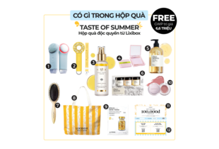 Hộp quà tặng GWP Taste of Summer từ Lixibox chứa sản phẩm chăm sóc da và làm đẹp cao cấp, bao gồm serum All A, sản phẩm của Oda's Daughter, túi Lixibox và chứng nhận quà tặng trị giá 100.000đ.