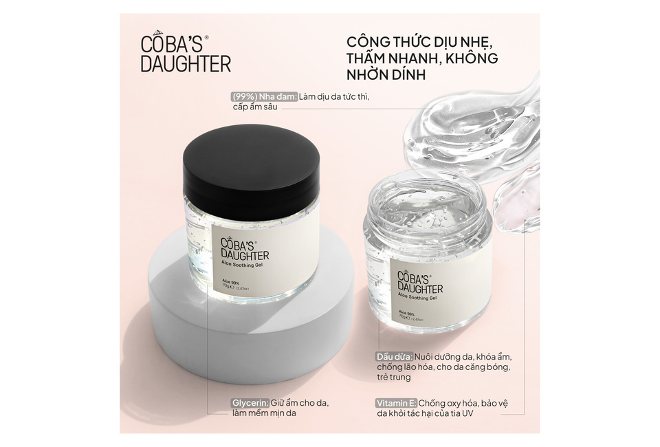 Gel Dưỡng Da Nha Đam Hương Dừa CoBa’s Daughter Aloe Soothing Gel 70gr, chứa 99% nha đam, cung cấp độ ẩm sâu, giúp làm dịu da tức thì, không nhờn dính. Công thức có glycerin và vitamin E hỗ trợ bảo vệ da.