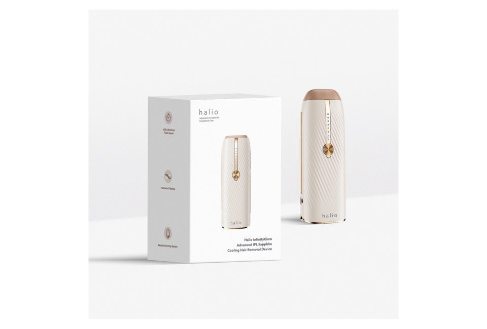 Combo Làm Mịn và Trẻ Hóa Da gồm thiết bị Halio InfinityGlow, công nghệ IPL tiên tiến, hệ thống làm mát Sapphire, mang lại làn da trẻ trung và mịn màng.