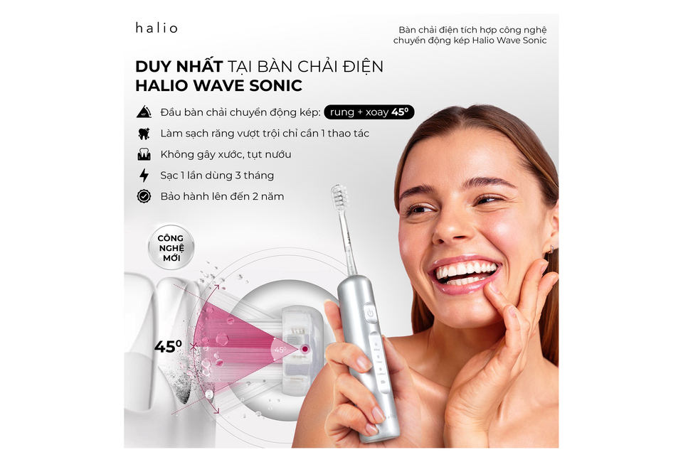 Combo Làm Đẹp Toàn Diện - Bàn chải điện Halio Wave Sonic với đầu bàn chải rung và xoay 45°, làm sạch răng hiệu quả, bảo hành 2 năm, sạc 1 lần dùng ba tháng.
