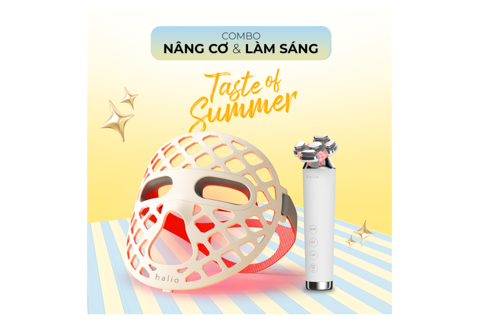 Combo Nâng Cơ & Sáng Da với cảm giác mùa hè tươi sáng, bao gồm mặt nạ nâng cơ halio và thiết bị làm sáng da. Sản phẩm hoàn hảo để chăm sóc da, mang lại làn da khỏe mạnh và rạng rỡ.
