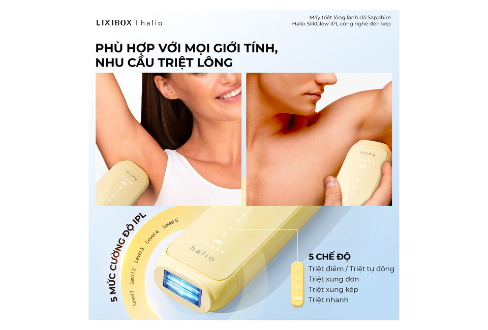 Máy Triệt Lông Halio SilkGlow IPL Sapphire Cooling Hair Removal Device với 5 mức cường độ IPL, thiết kế hiện đại, phù hợp với mọi giới tính, mang lại hiệu quả triệt lông an toàn và hiệu quả cao.