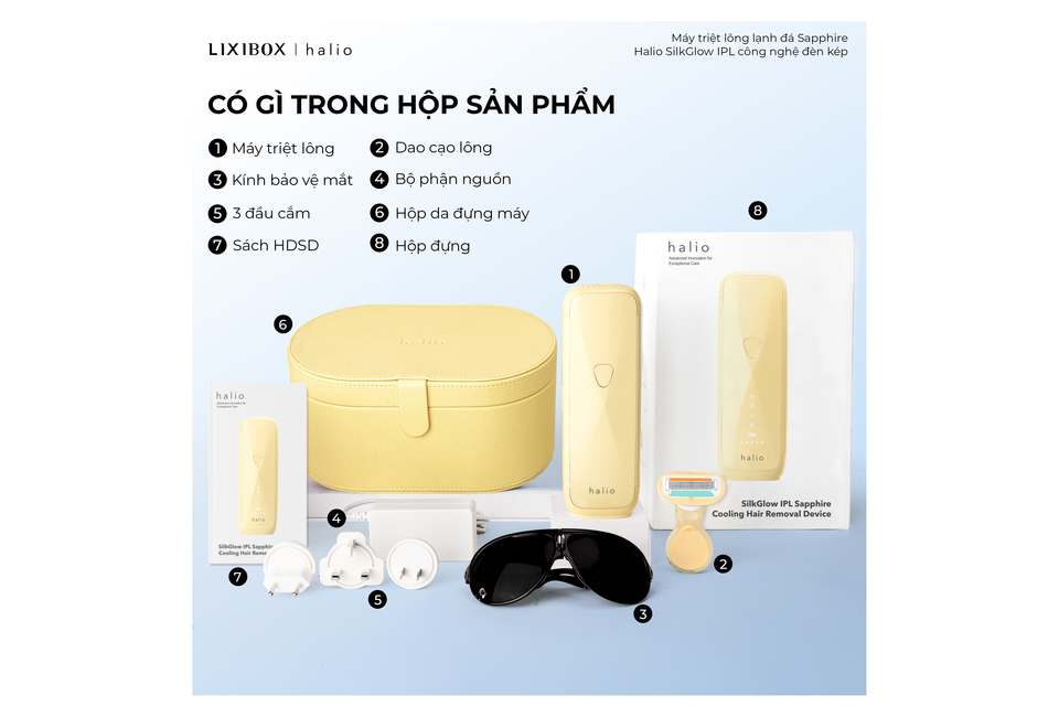 Máy Triệt Lông Halio SilkGlow IPL Sapphire Cooling Hair Removal Device cùng với các phụ kiện như kính bảo vệ, adapter, và sách hướng dẫn trong hộp đựng màu vàng.