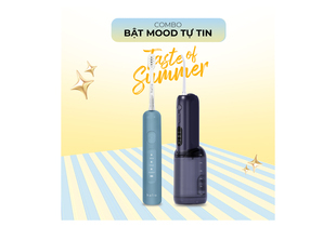 Combo Cười Xinh – Mood Tự Tin gồm bàn chải điện halio màu xanh và thiết bị làm sạch màu đen, dịch chuyển giữa màu sắc tươi sáng, mang lại cảm giác tự tin và hào hứng cho mùa hè.