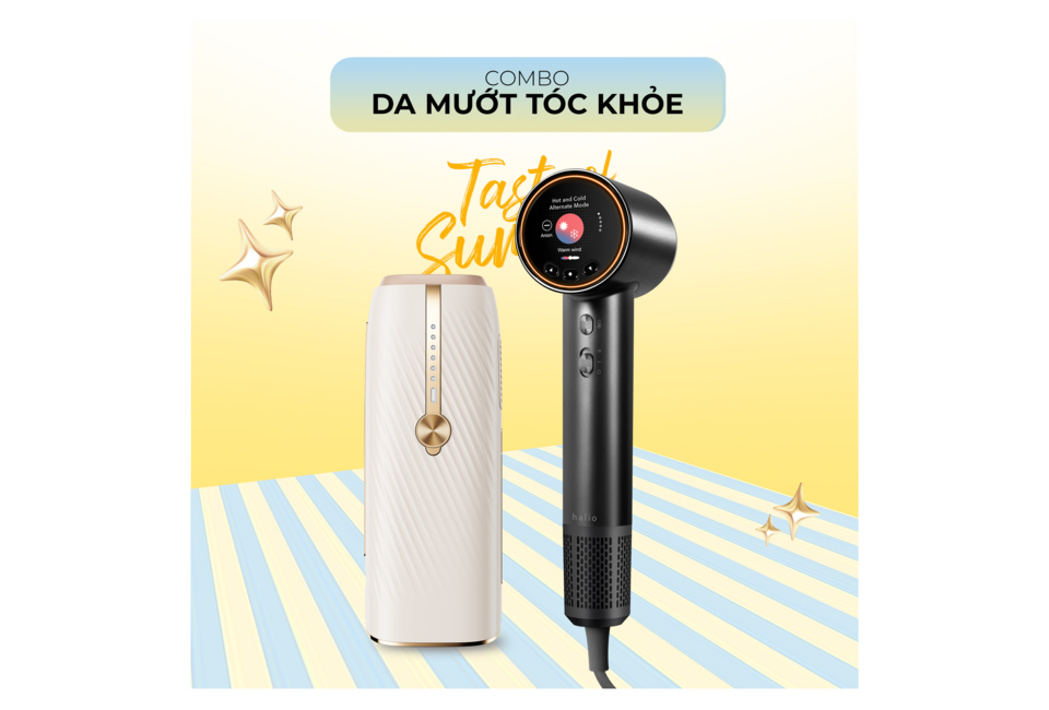 Combo Da Mướt Tóc Khỏe bao gồm thiết bị tạo kiểu tóc hiện đại với chức năng gió nóng và lạnh, giúp tạo kiểu tóc nhanh chóng và hiệu quả. Thiết kế sang trọng với các màu sắc hài hòa, phù hợp cho mùa hè.