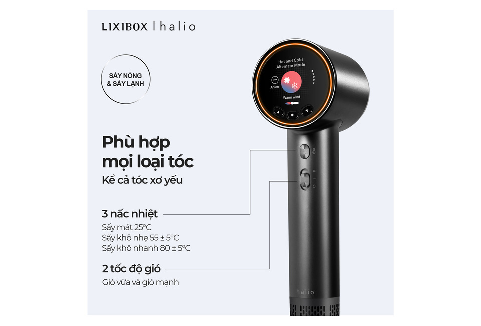 Combo Da Mướt Tóc Khỏe: Sản phẩm bao gồm máy sấy tóc LIXIBOX halio, hỗ trợ mọi loại tóc với 3 nấc nhiệt và 2 tốc độ gió, thiết kế hiện đại, dễ dàng sử dụng, bảo vệ tóc xô yếu.