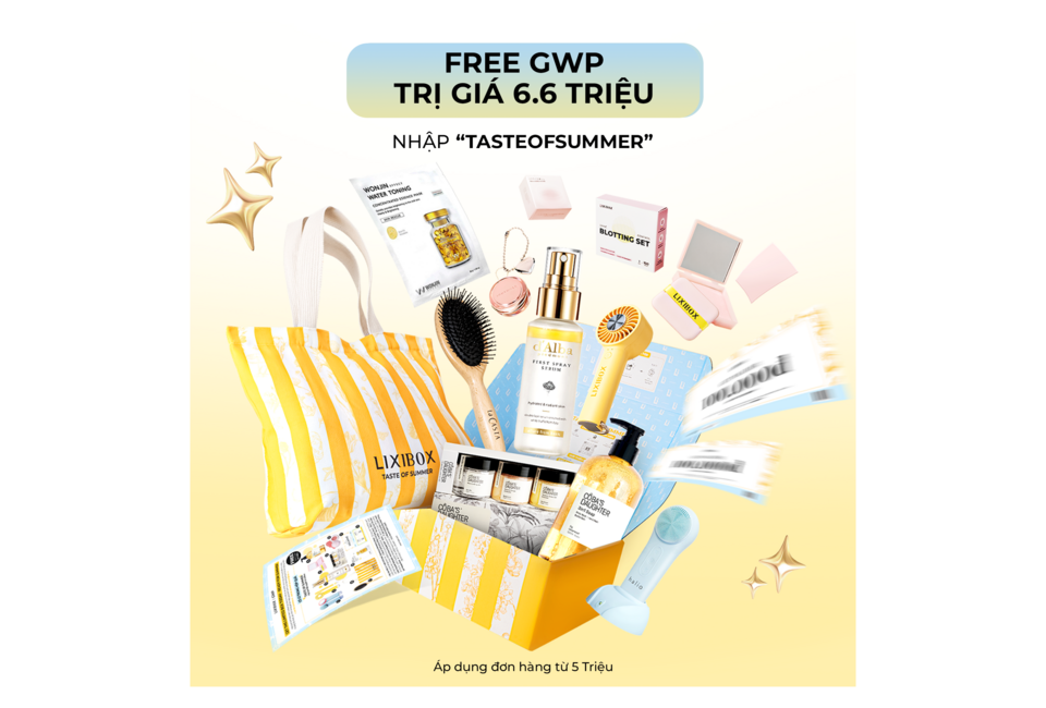 Combo Da Mướt Tóc Khỏe kèm các sản phẩm chăm sóc da, gồm serum c dưỡng, khăn ướt và sản phẩm trang điểm. Khuyến mãi GWP trị giá 6.6 triệu, áp dụng cho đơn hàng từ 5 triệu.