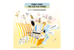Combo Da Mướt Tóc Khỏe kèm các sản phẩm chăm sóc da, gồm serum c dưỡng, khăn ướt và sản phẩm trang điểm. Khuyến mãi GWP trị giá 6.6 triệu, áp dụng cho đơn hàng từ 5 triệu.