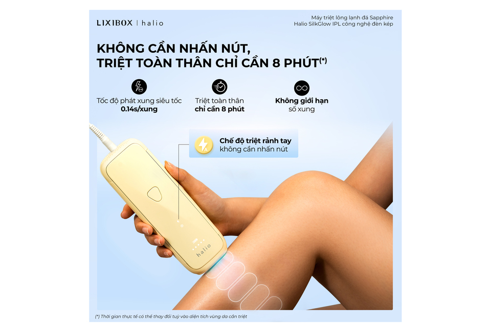 Máy Triệt Lông Halio SilkGlow IPL Sapphire Cooling Hair Removal Device với thiết kế tinh tế, sử dụng công nghệ IPL, cho phép triệt lông hiệu quả chỉ trong 8 phút mà không cần nhấn nút. Tốc độ phát xung siêu nhanh và không giới hạn số xung sử dụng.