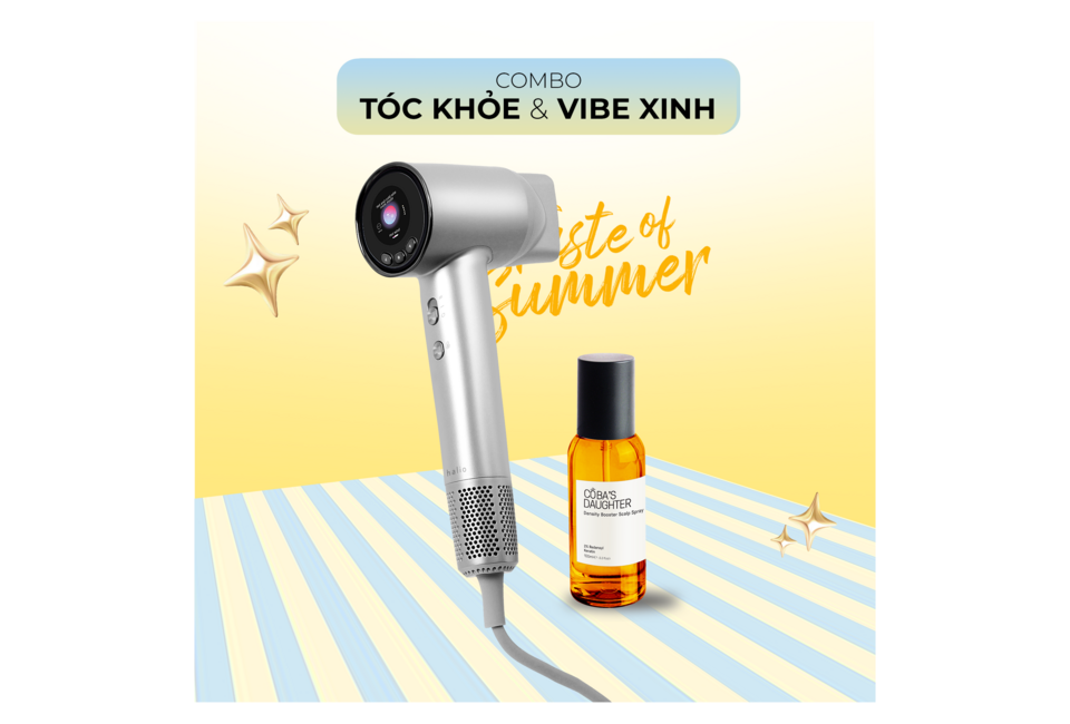Combo Tóc Khỏe - Vibe Xinh bao gồm một máy sấy tóc hiện đại và tinh chất dưỡng tóc Cô Ba's Daughter, mang lại sức sống cho tóc trong mùa hè.