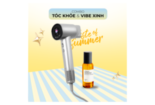 Combo Tóc Khỏe - Vibe Xinh bao gồm một máy sấy tóc hiện đại và tinh chất dưỡng tóc Cô Ba's Daughter, mang lại sức sống cho tóc trong mùa hè.