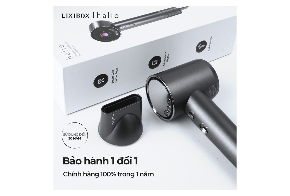 Box Combo Tóc Khỏe - Vibe Xinh chứa máy sấy tóc halio, thiết kế hiện đại với công nghệ Smart Grip, 5 chế độ thông minh, bảo hành 1 đổi 1, và chính hãng trong 1 năm.