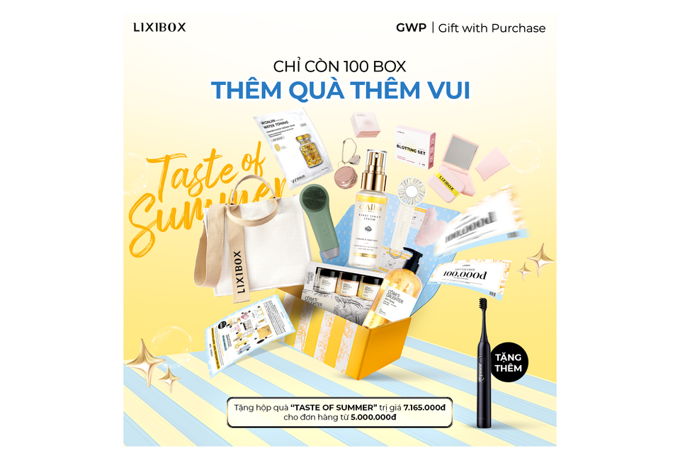 Bảng quà tặng "Taste of Summer" từ Lixibox với nhiều sản phẩm chăm sóc sắc đẹp hấp dẫn. Chỉ còn 100 box, khuyến mãi đặc biệt cho đơn hàng từ 5.000.000đ. Mua ngay để nhận quà hấp dẫn!