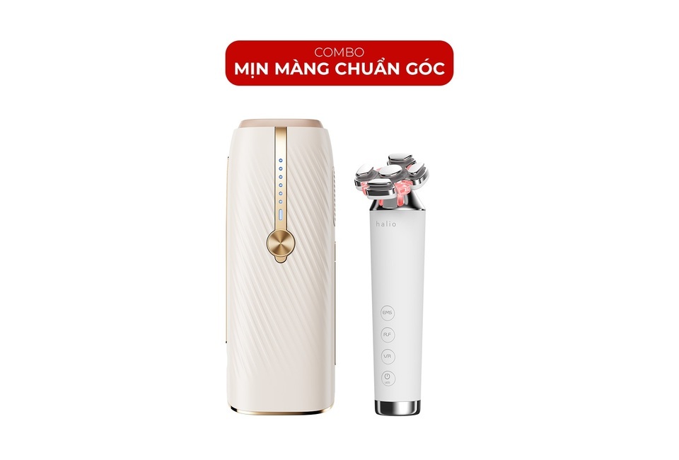 Combo Mịn Màng Chuẩn Góc bao gồm một thiết bị màu kem và một máy massage cầm tay Halio, mang lại trải nghiệm chăm sóc sắc đẹp hiệu quả và tiện lợi.
