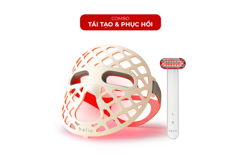 Combo Tái Tạo & Phục Hồi của halio bao gồm mặt nạ tái tạo và thiết bị phục hồi, cung cấp liệu pháp ánh sáng đỏ giúp cải thiện làn da và giảm dấu hiệu lão hóa.